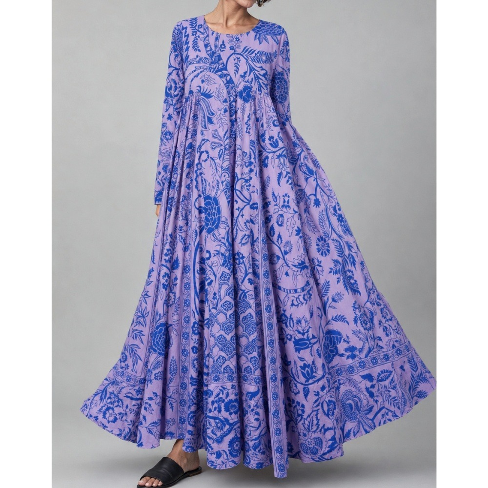 Matta Mokasha Tree of Life Dress XL Lavender Blue Block Print Floral Cotton Maxi